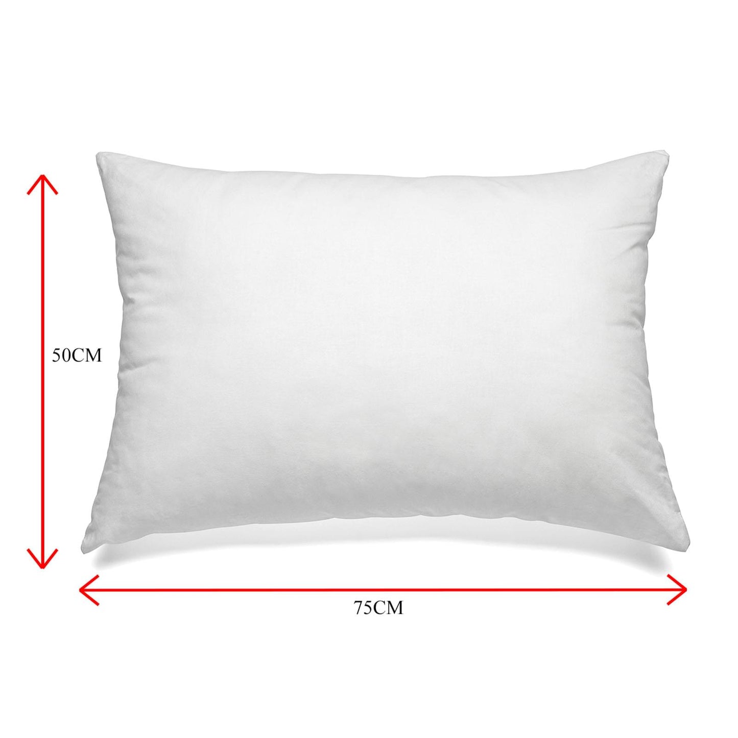 White duck down pillow, 75cm wide and 50cm high (size diagram)