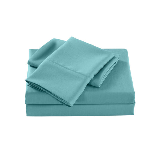 Aqua sheet set, neatly folded top sheet and bottom sheet stack
