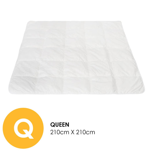 White queen-size quilt laid flat, showing box baffle stitching