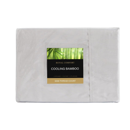 King sheet set in light grey bamboo cooling fabric, neatly packaged