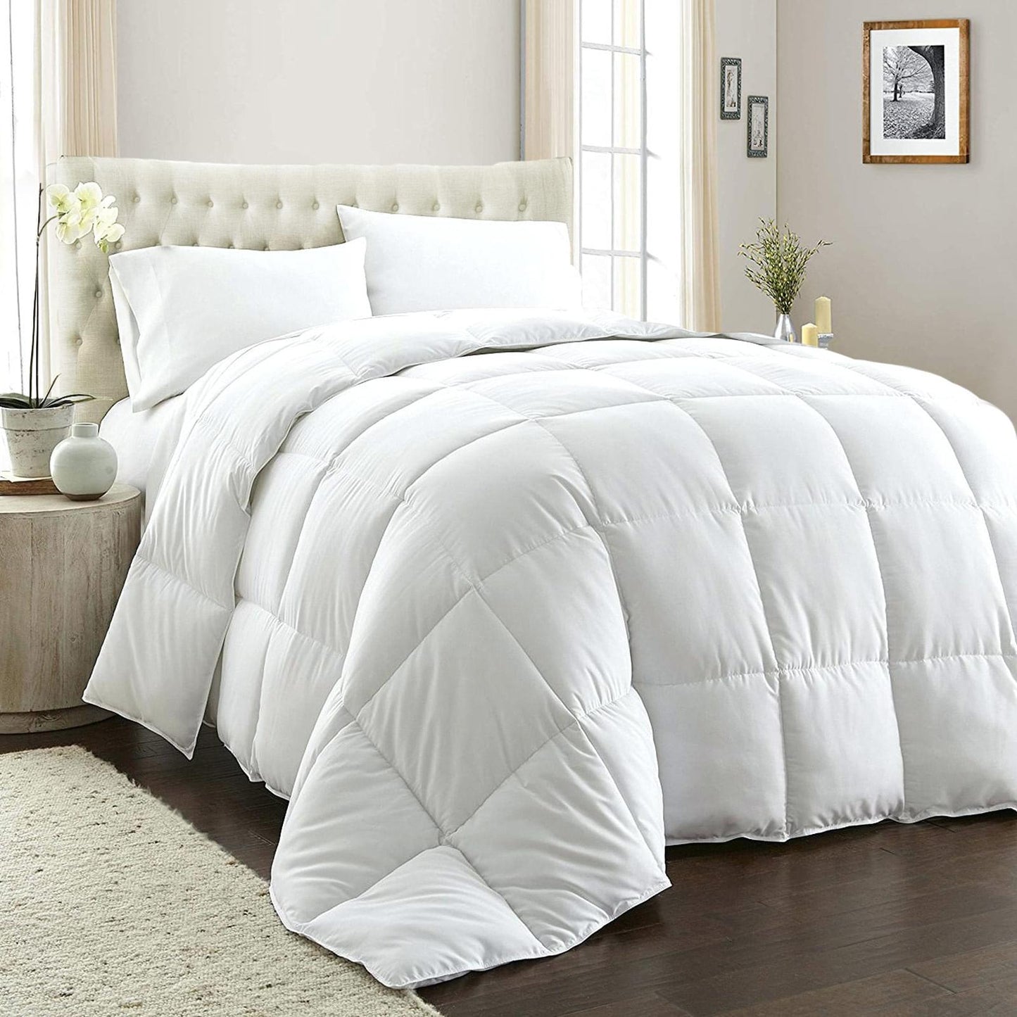 White quilted duvet with baffle design, laid on bed