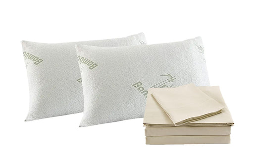 Ivory sheet set with two pillowcases and folded bedding stack, king size
