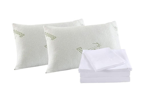 White bamboo pillow set with two shams and two folded pillows