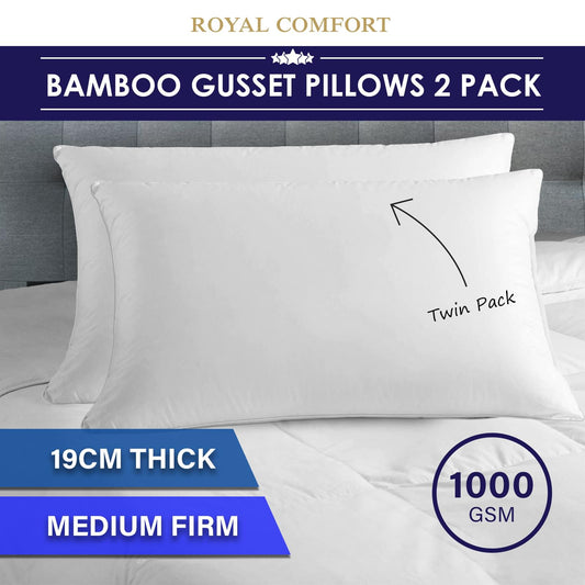 White bamboo gusset pillow with boxy profile, ready for twin pack use