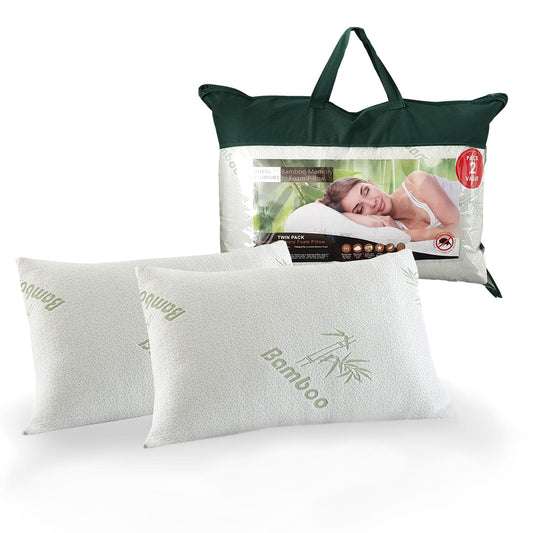 Twin pack white bamboo-covered memory foam pillows with retail bag and logos