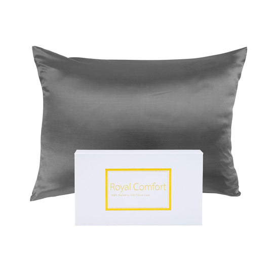 Charcoal silk pillow case flat with white Royal Comfort card included