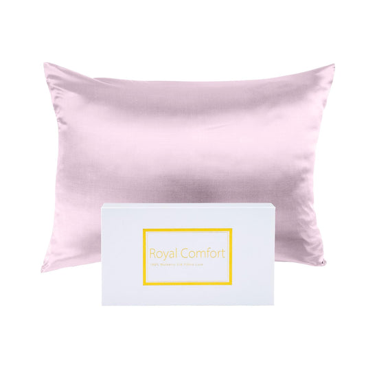 Lilac silk pillow case with square front and centered brand label