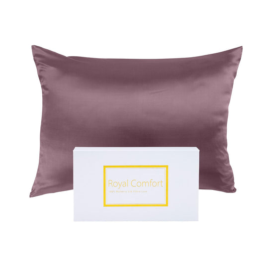 Mulberry silk pillow case in Malaga wine, rectangular front with centered label card.