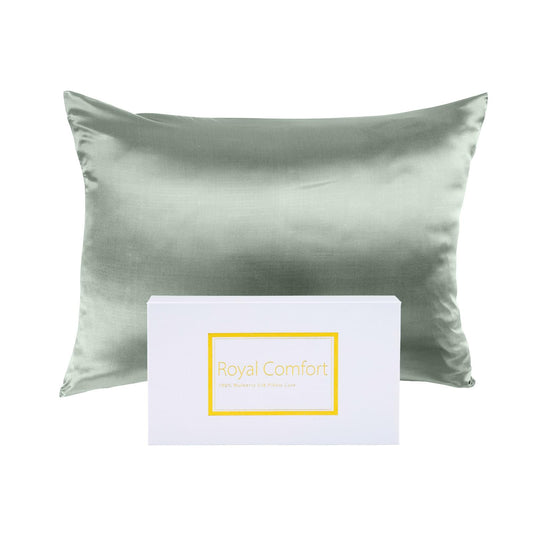 Sage silk pillowcase front view with centered brand card