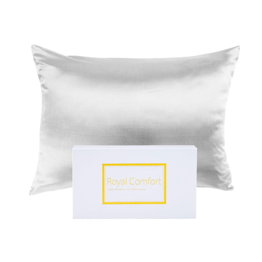 Silver silk pillow case with centered Royal Comfort label