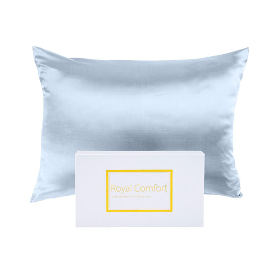 Soft blue silk pillowcase with Royal Comfort label insert