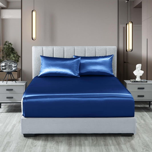 Royal Comfort Satin Sheet Set 3 Piece Fitted Sheet Pillowcase Soft  - King - Navy Blue.