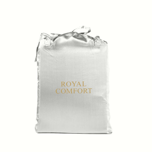 King satin sheet set bag, silver with Royal Comfort logo