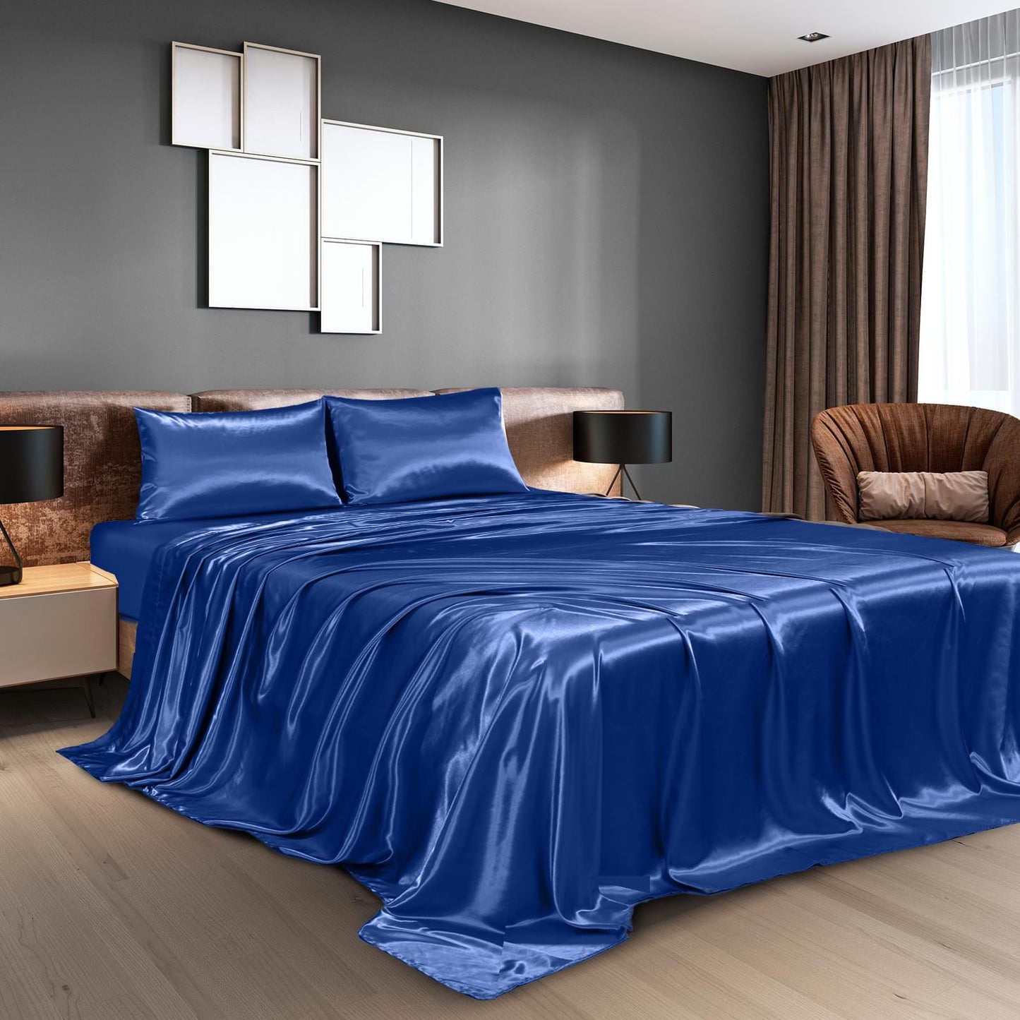 Navy satin king sheet set with pillowcases and flat sheet overlay