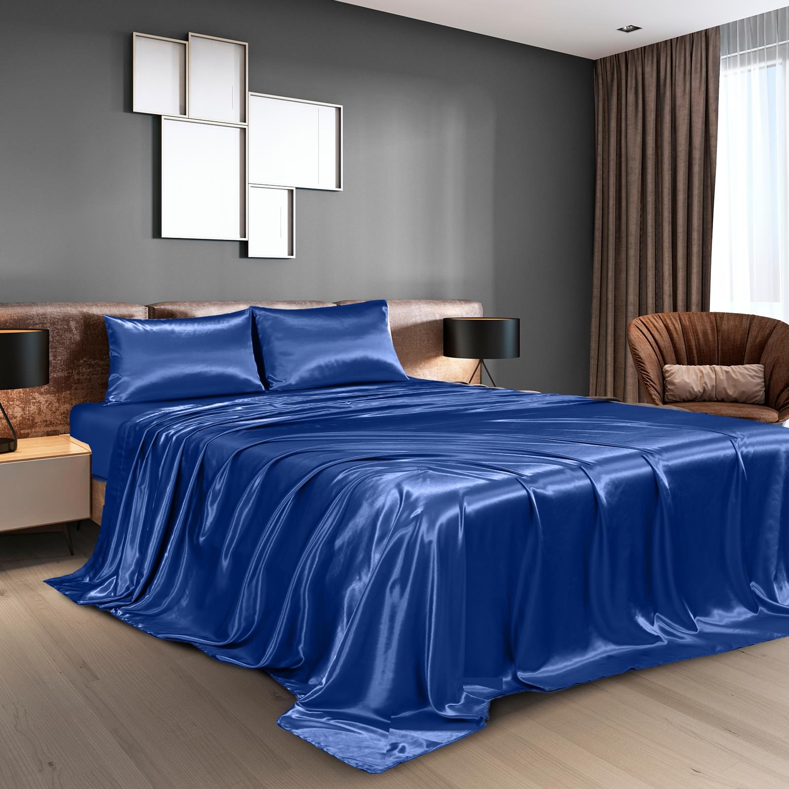Navy satin king sheet set with pillowcases and flat sheet overlay