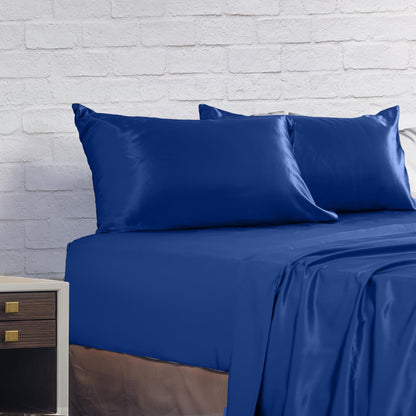 Navy satin king fitted sheet with two matching pillowcases