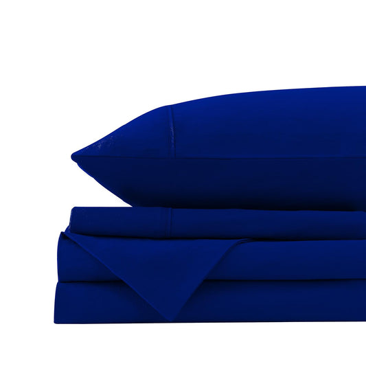Royal blue cotton sheet set with fitted and flat sheets folded, plus matching pillowcases