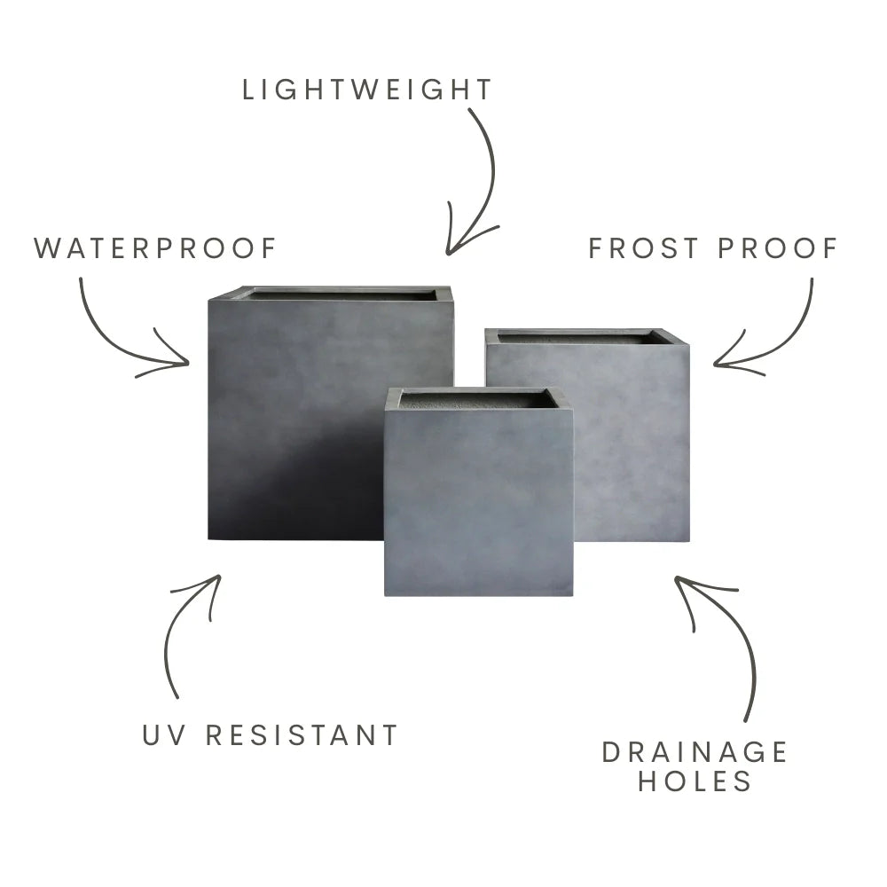 Rubix square planters: lightweight, waterproof, UV resistant, frost proof, drainage holes