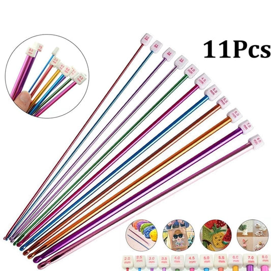11-piece long Tunisian crochet hook set with colored aluminum shafts and white size tips