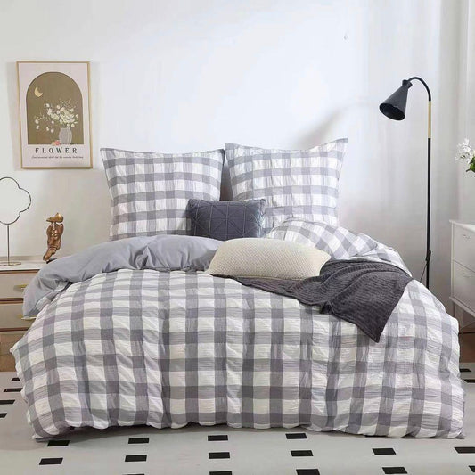 Grey check seersucker quilt cover set with matching pillowcases, super king size