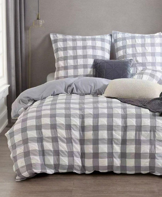 Grey and white check quilt cover set with two pillowcases and quilt cover