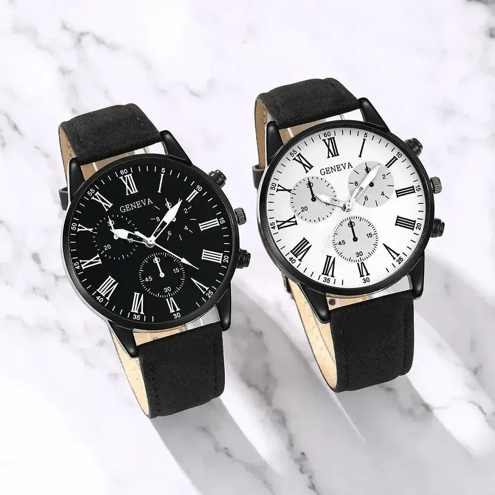 Two leather quartz watches: black dial and white dial, each with black leather band.