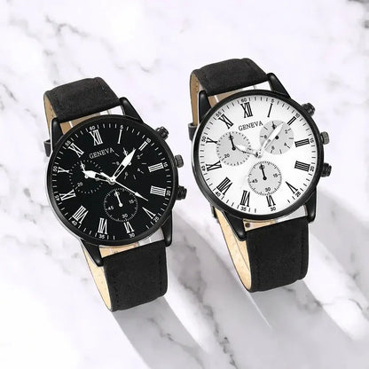 Two leather quartz watches: black dial and white dial, each with black leather band.