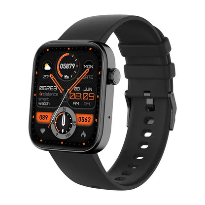Black smartwatch with large rectangular screen and side button on rubber strap