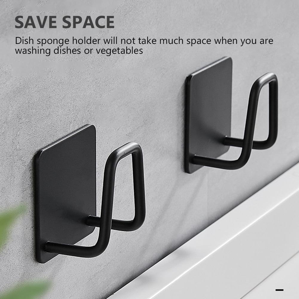Wall-mounted dish sponge holder with two U-shaped hooks, matte black finish