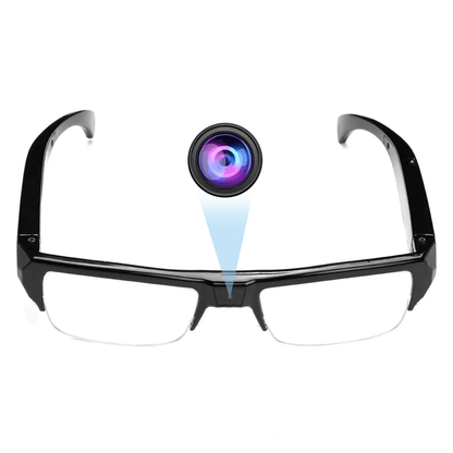 Black wearable camera glasses with front lens and clear protective eyewear lenses