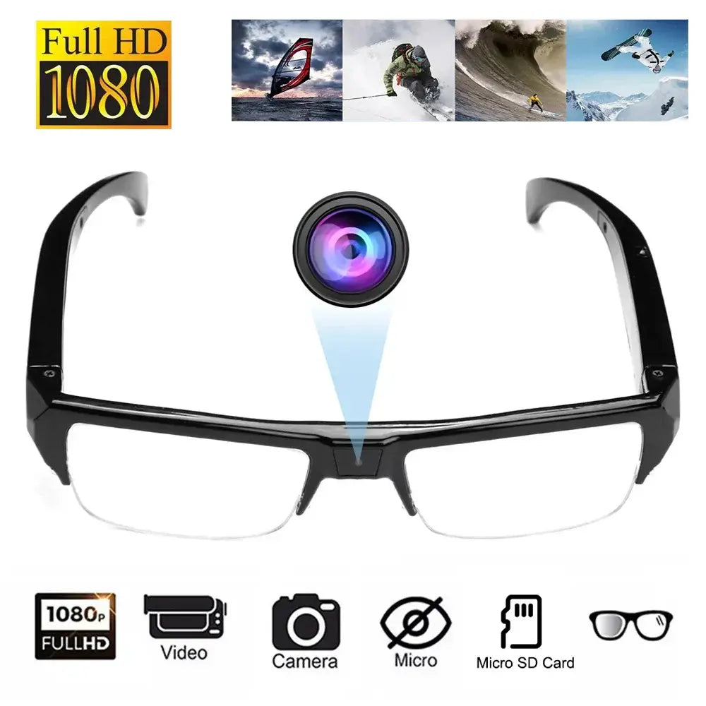 Front view of black wearable video camera glasses with built-in round camera lens