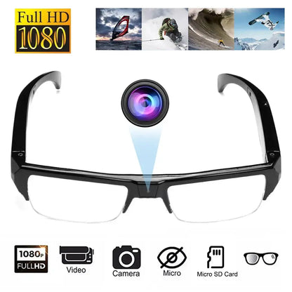 Front view of black wearable video camera glasses with built-in round camera lens
