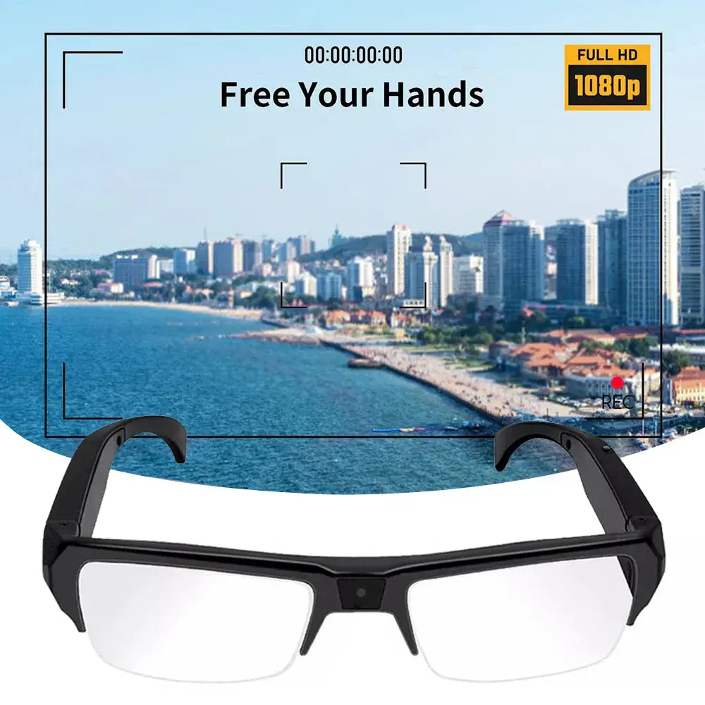 Black wearable video camera glasses with clear lenses and front camera lens