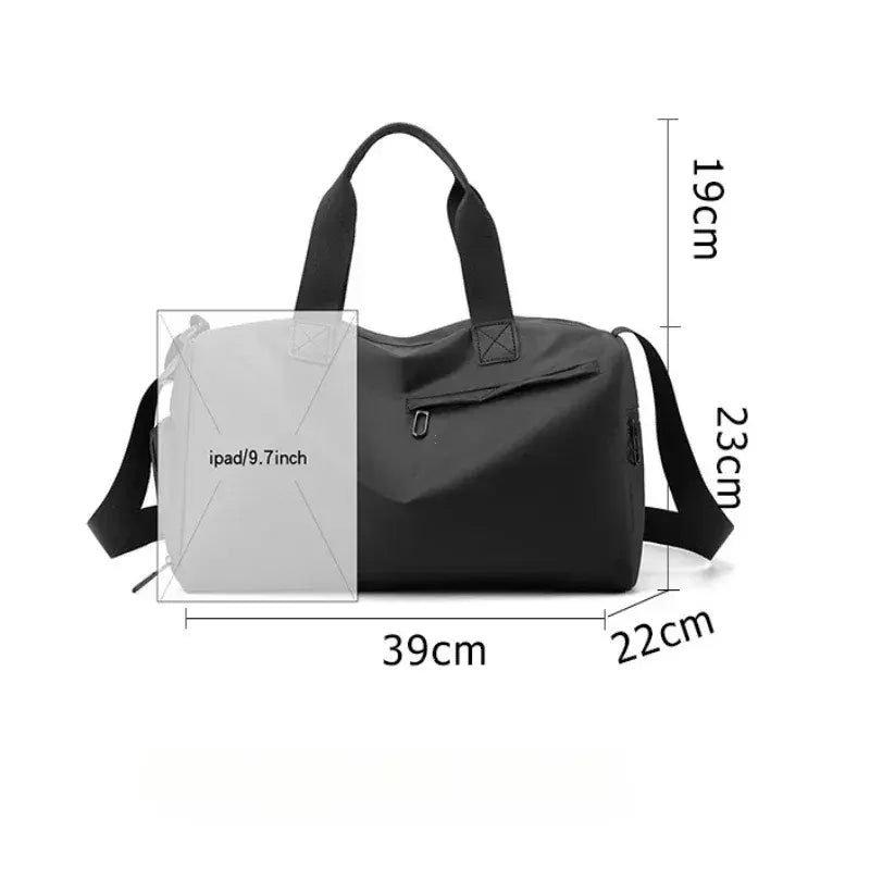 Black travel gym duffel bag with strap; 39cm length, 22cm width, 19cm height
