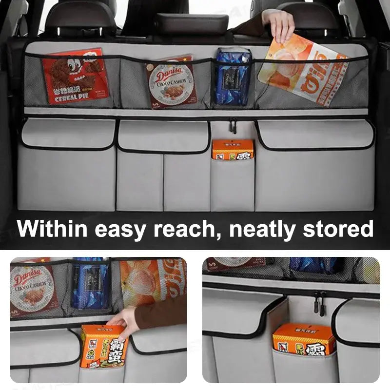 Gray car seat back organizer with multiple zip pockets and top mesh holders
