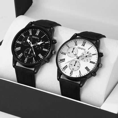 Quartz watches with black and white dials on black leather straps, side-by-side view.