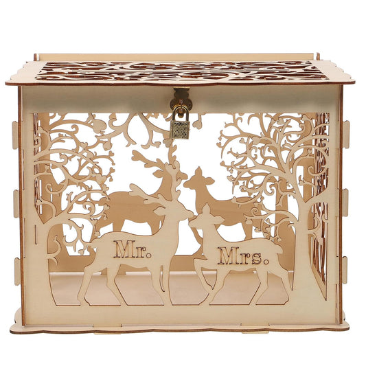 Wooden lock box with cutout couple figures and keyhole lock, khaki rectangular case