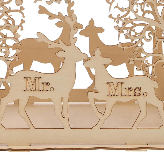 Wooden lock box front panel with engraved 'Mr.' and 'Mrs.' names, khaki