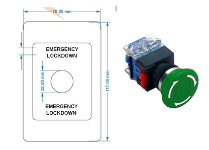 Emergency Lockdown Push Button Switch Plate – ARLSWP-46G/R | 40mm Emergency Stop Button | Green Lockdown Switch | Heavy Duty Panel Mount "Emergency Lockdown" Engraved on Standard Plastic Plate (Latching)