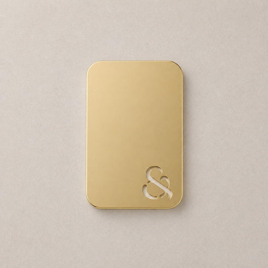 Polished gold color swatch card, rounded rectangle with embossed & logo