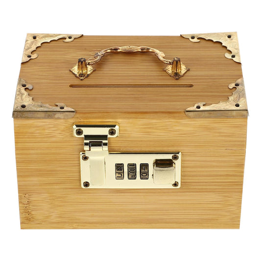 Wooden storage box with gold-tone handle and combination password lock on front