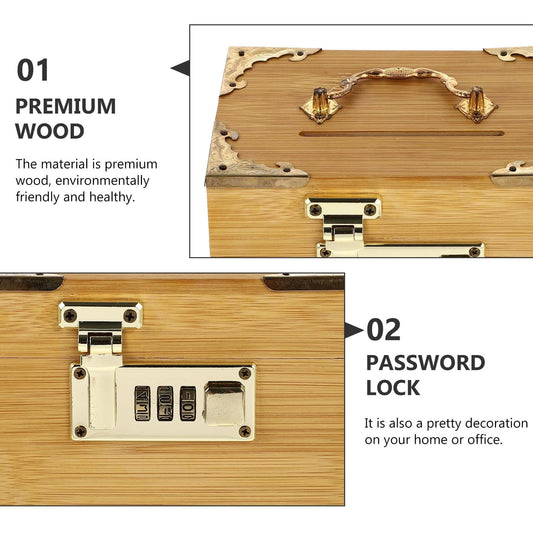 Wooden storage box with password lock detail and hinges on lid