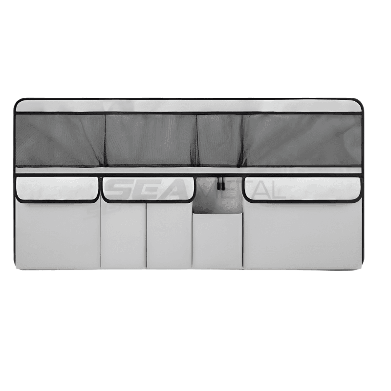 Gray car seat back organizer with multiple divided storage pockets and mesh top panel