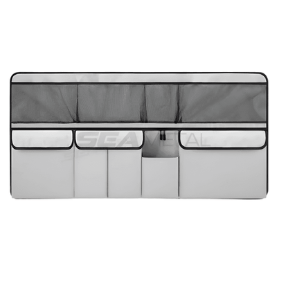 Gray car seat back organizer with multiple divided storage pockets and mesh top panel