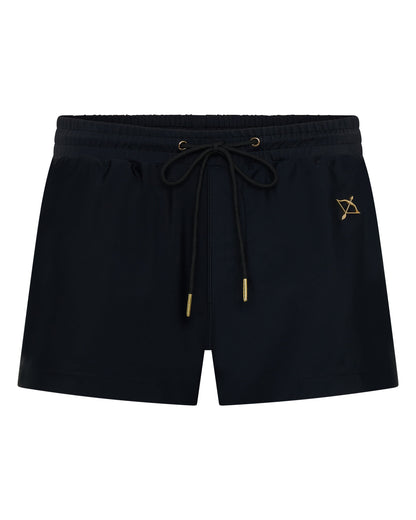 Midnight black 3" swim shorts with elastic waistband, drawstring, and side logo