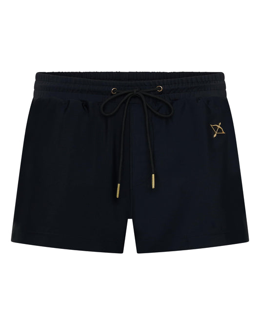 Midnight black 3" swim shorts with elastic waistband, drawstring, and side logo