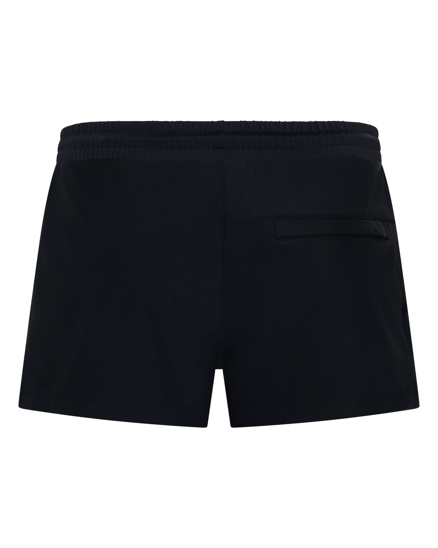 Midnight black 3" swim shorts with elastic waistband and back patch pocket