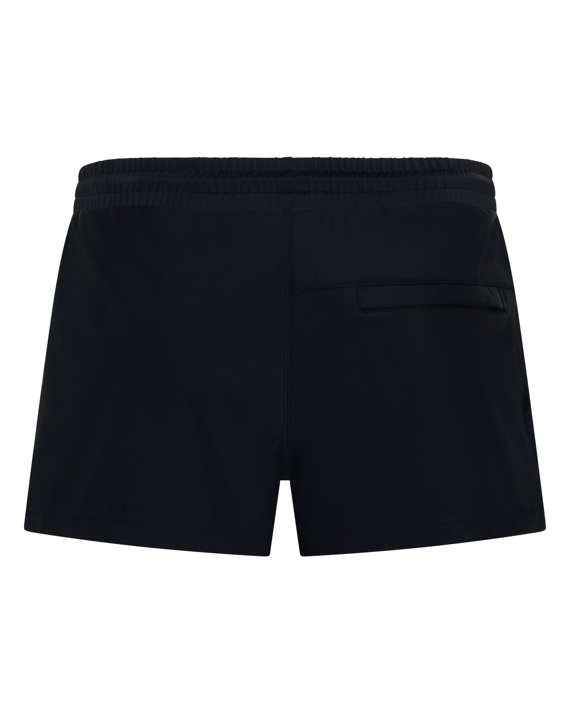 Midnight black 3" swim shorts with elastic waistband and back patch pocket