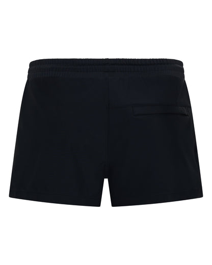 Midnight black 3" swim shorts with elastic waistband and back patch pocket