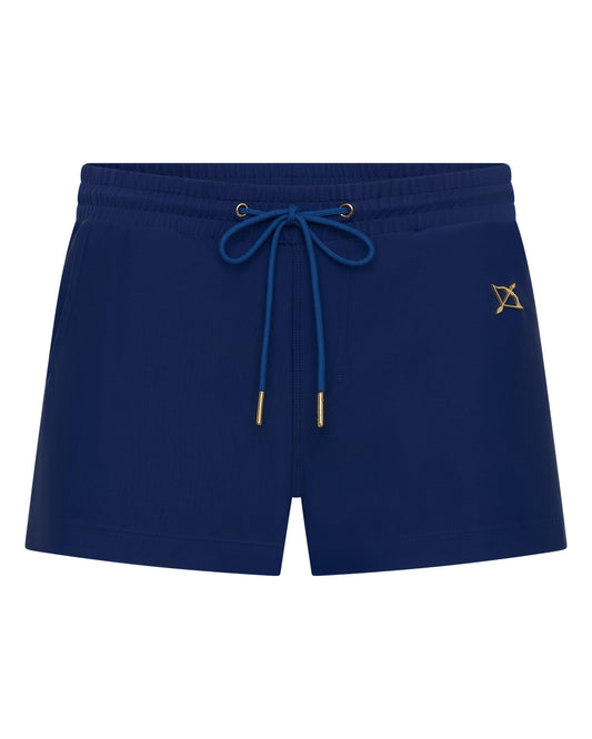 Navy swim shorts with drawstring waistband and small side emblem